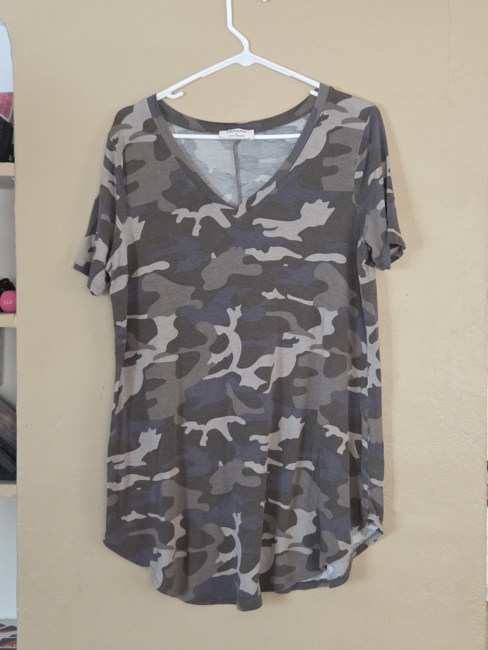 Zenana Outfitters Women's Camo V-Neck Tee in Olive and Gray